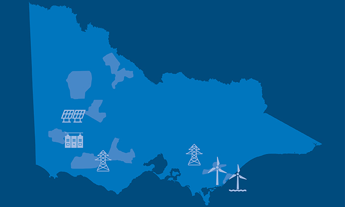 Illustrative map of the state of Victoria with icons of solar systems, batteries, wind farms and transmission towers.  