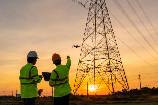 Two industry workers carrying out work with a drone at sunset in front of transmission towers